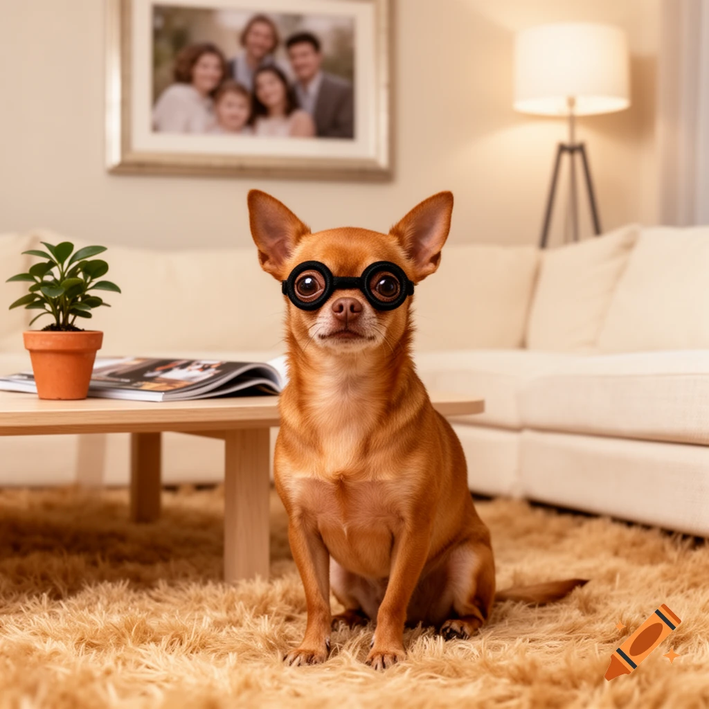 A photorealistic brown chihuahua with black rings around its eyes sits on a shaggy rug in a living room.