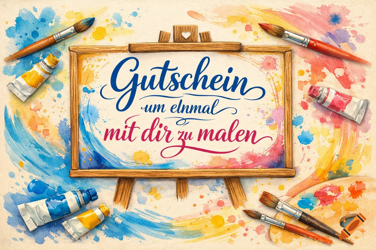 Watercolor illustration of a voucher on an easel reading 'Gutschein um einmal mit dir zu malen,' surrounded by paint and brushes.