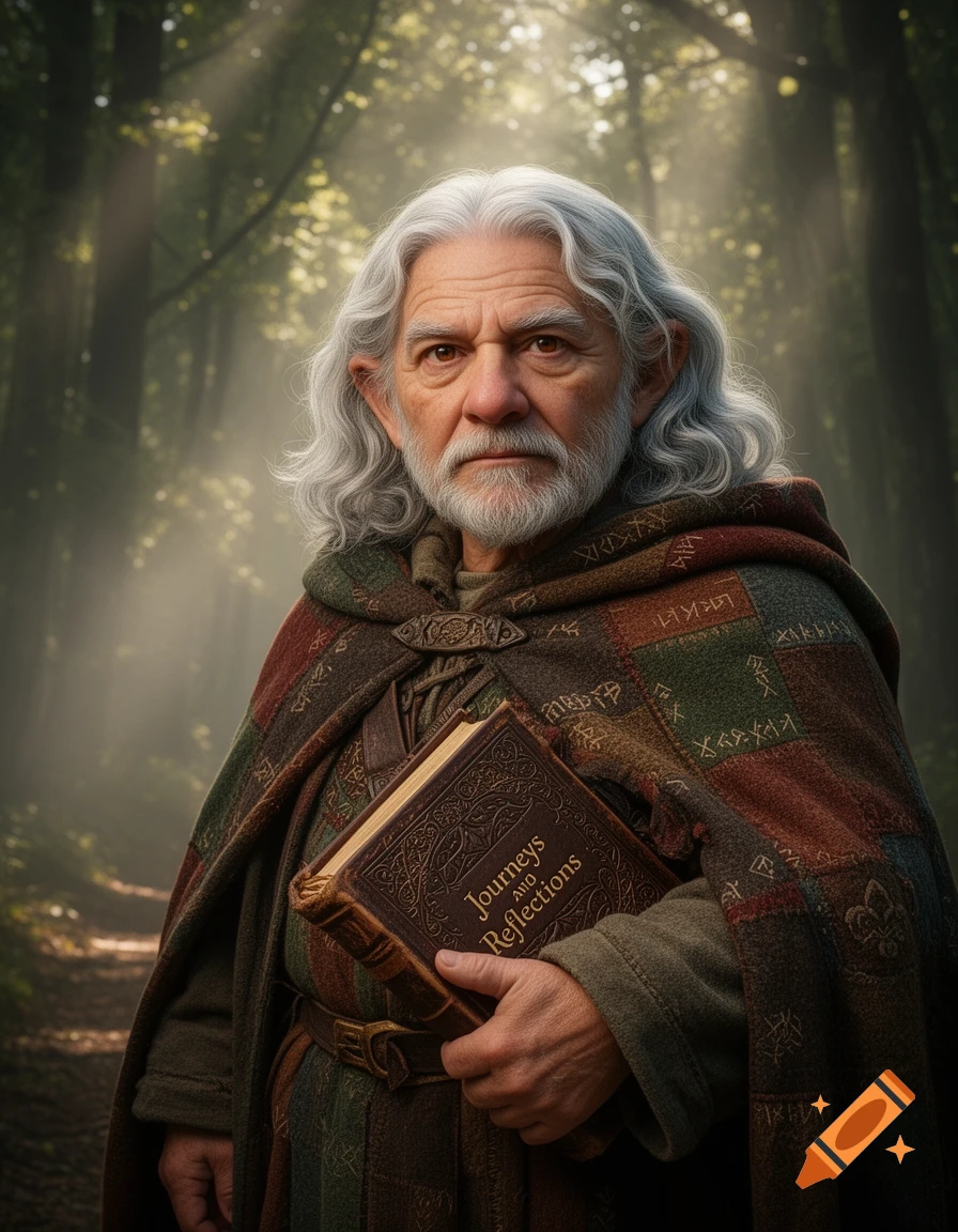 Photorealistic portrait of an old halfling man with white hair and beard, wearing a patchwork cloak, holding a book titled "Journeys and Reflections" in a sunlit forest.