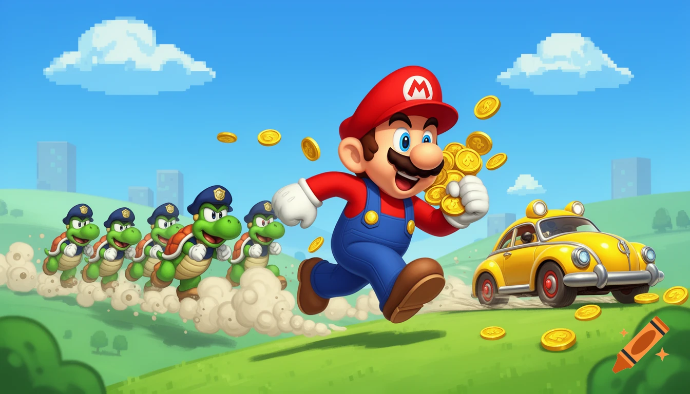 Cartoon Mario runs holding coins, pursued by police-uniformed Koopas and a yellow car, with pixelated clouds.