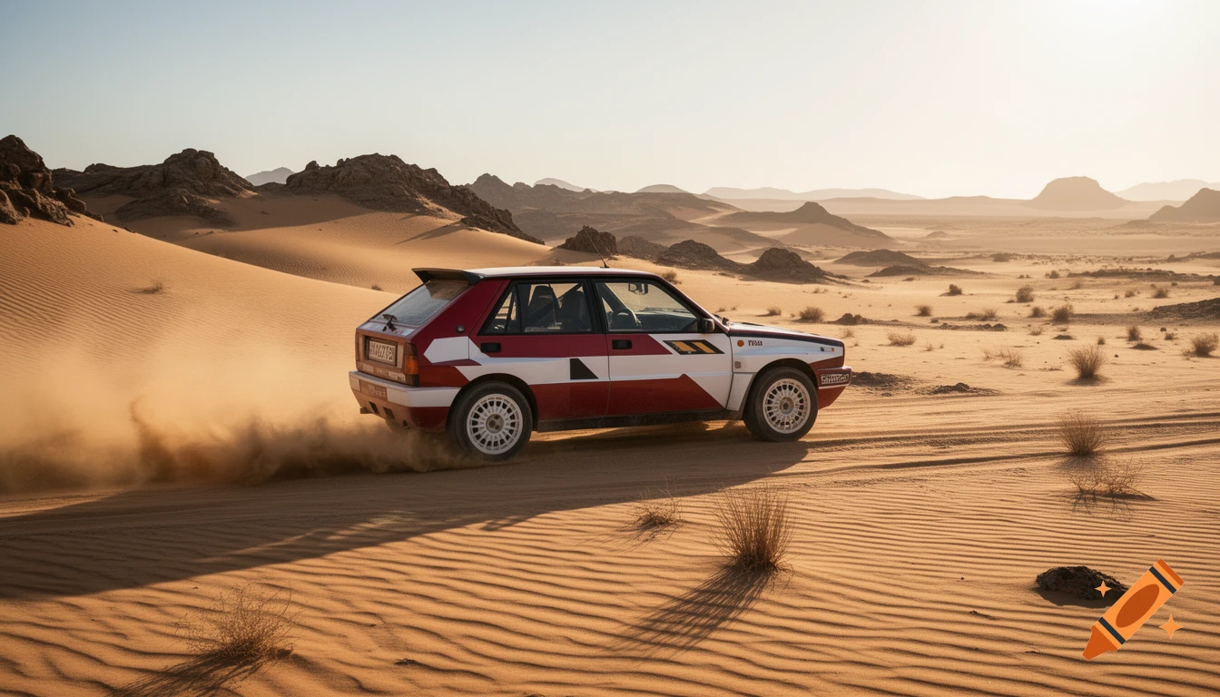 A red and white Lancia Delta Integrale rally car kicks up dust as it drives across a sandy desert under a clear sky.