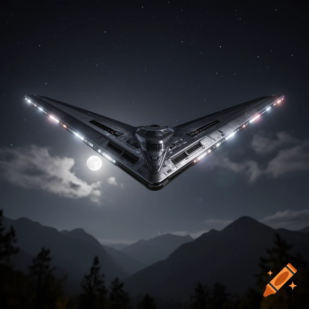 A photorealistic V-shaped spaceship with lights flying in a dark, starry night sky above mountains and a full moon.