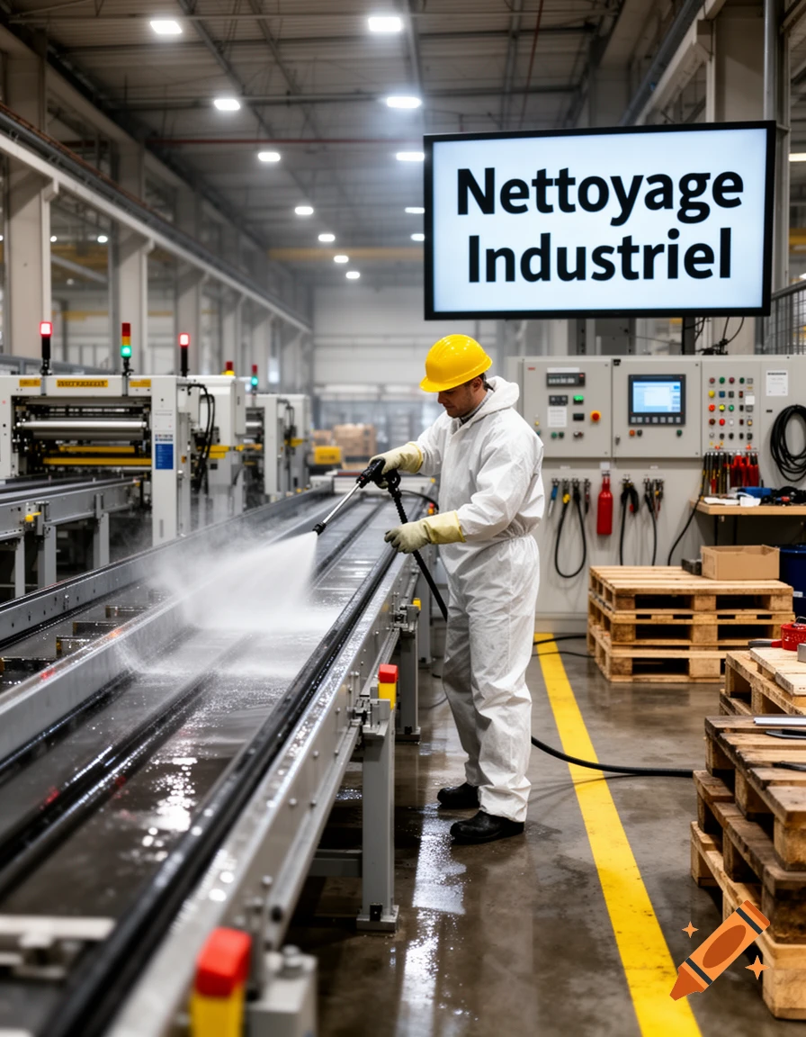 A worker in a white hazmat suit and yellow hard hat pressure washes a long conveyor belt in a factory, with a screen above displaying "Nettoyage Industriel".
