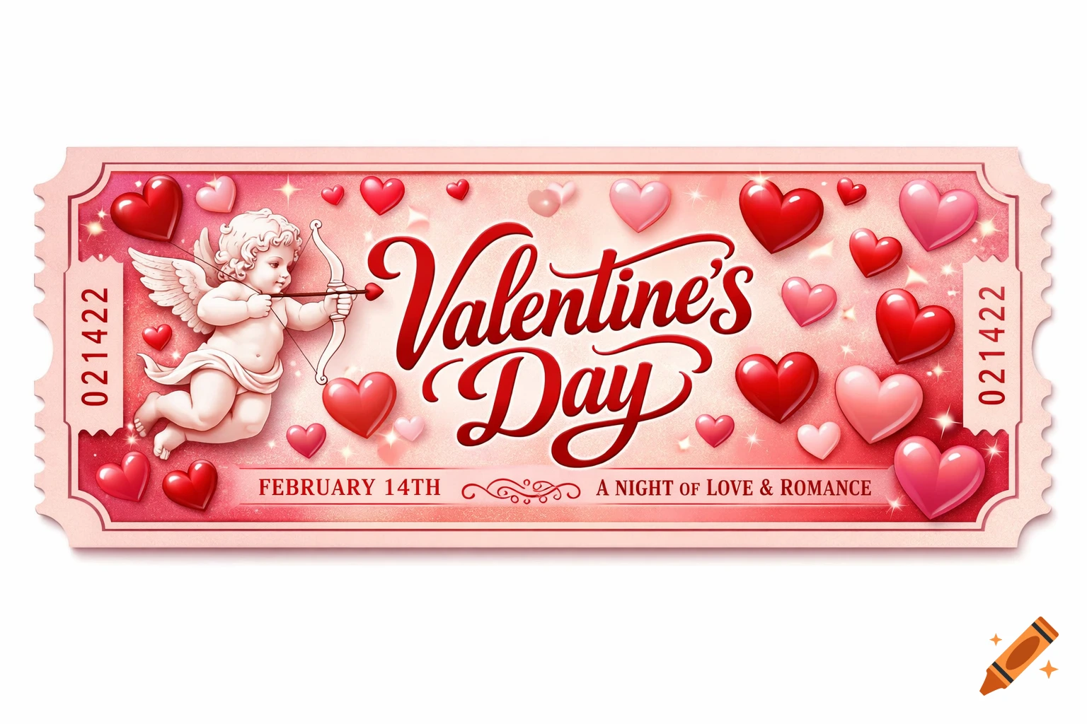 Pink Valentine's Day ticket featuring a cupid with a bow, red and pink hearts, and text "Valentine's Day" and "February 14th A Night of Love & Romance".