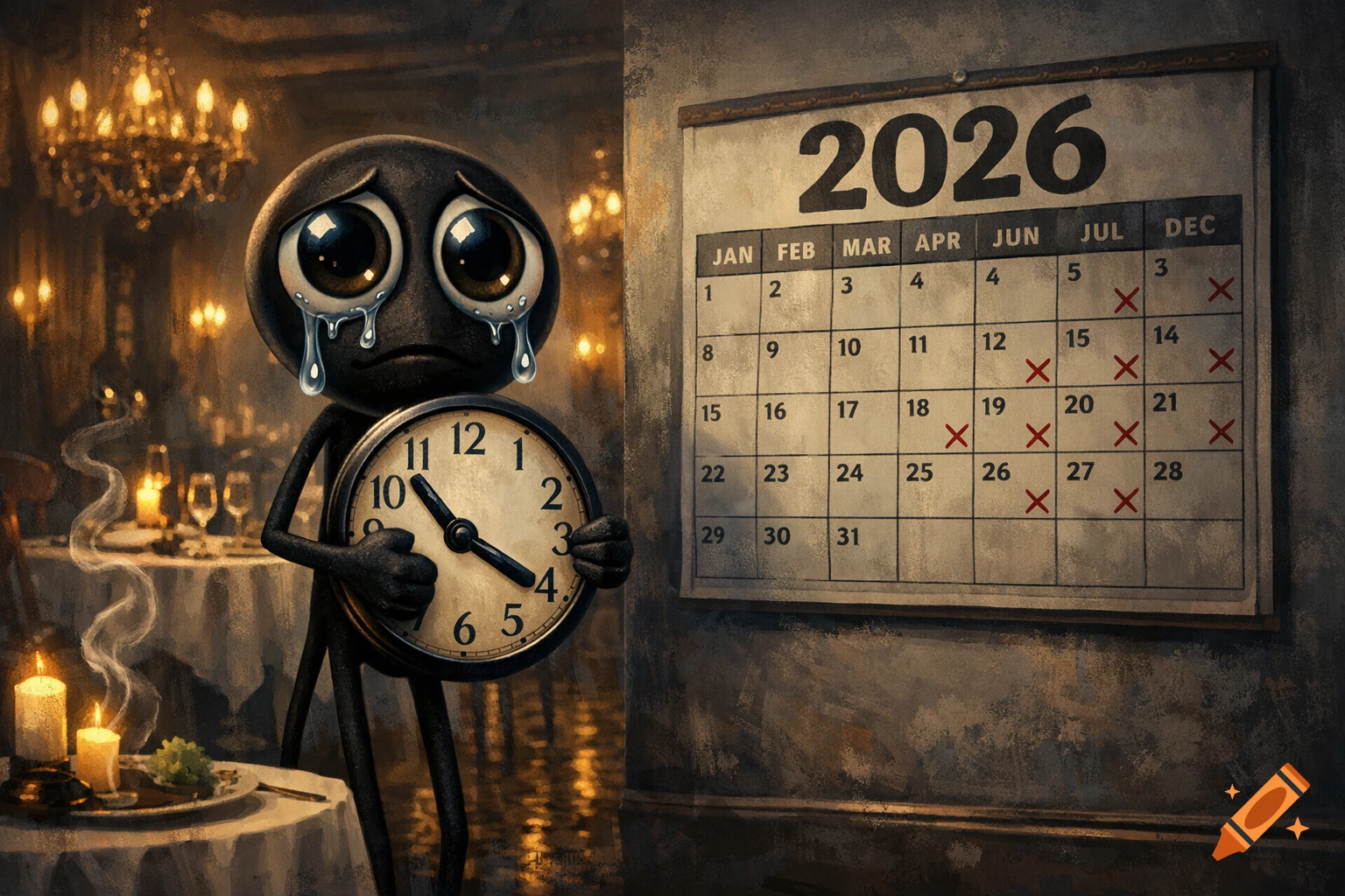 A sad, crying black character with large eyes holding a clock stands in a dimly lit restaurant next to a calendar marked '2026' with many crossed-out dates.