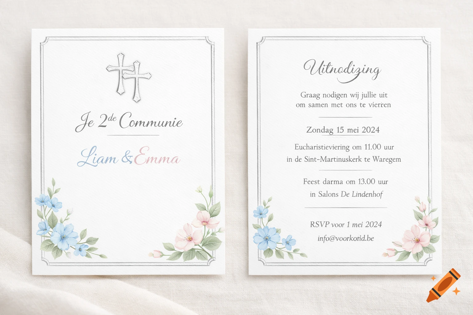 Two elegant communion invitation cards with Dutch text, delicate blue and pink watercolor flowers, and two silver crosses.