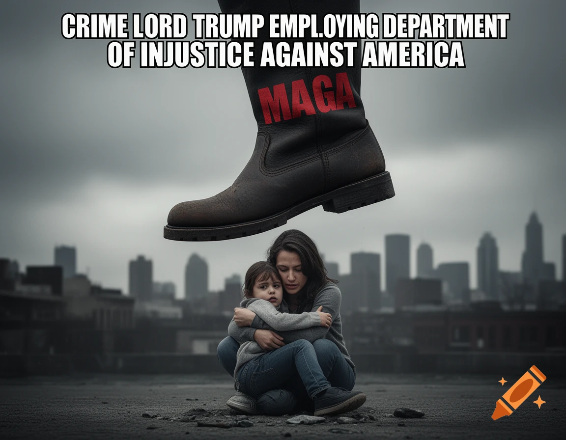A giant boot with "M AGA" crushing down on a mother protecting her child on a dark urban rooftop, with a city skyline in the background. Text overlay reads "CRIME LORD TRUMP EMPLOYING DEPARTMENT OF INJUSTICE AGAINST AMERICA".