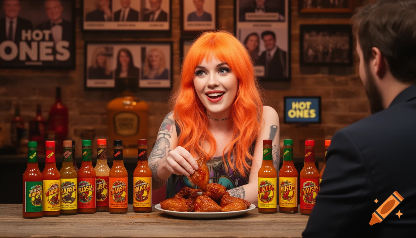 A woman with vibrant orange hair holds a chicken wing from a plate on a table lined with hot sauce bottles, smiling at a man.
