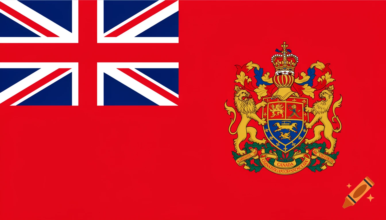 A red flag with the British Union Jack in the canton and the Canadian coat of arms featuring lions, a shield, and a crown on the fly.