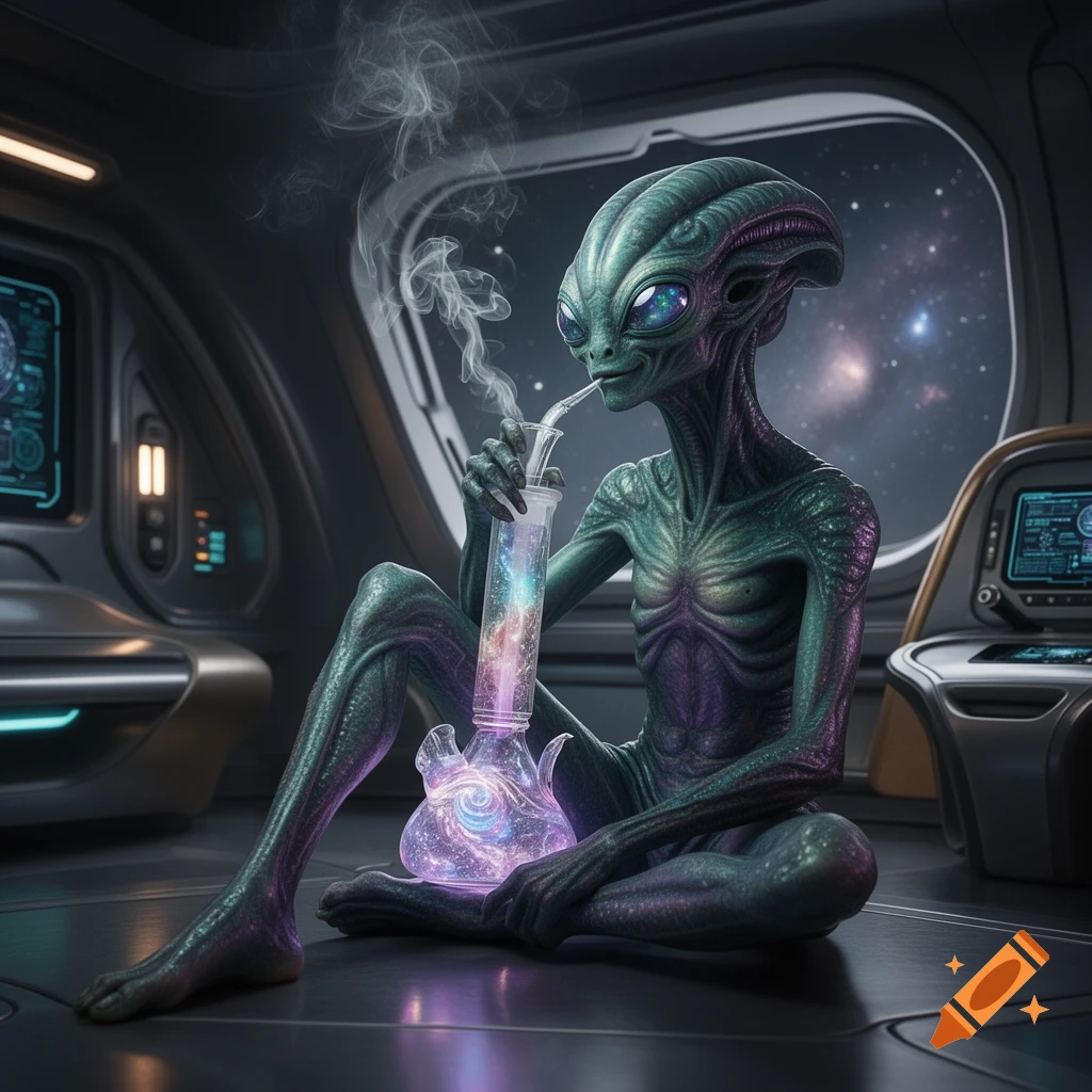 A grey-green alien sits cross-legged in a spaceship cockpit, smoking from a glowing bong filled with cosmic patterns.