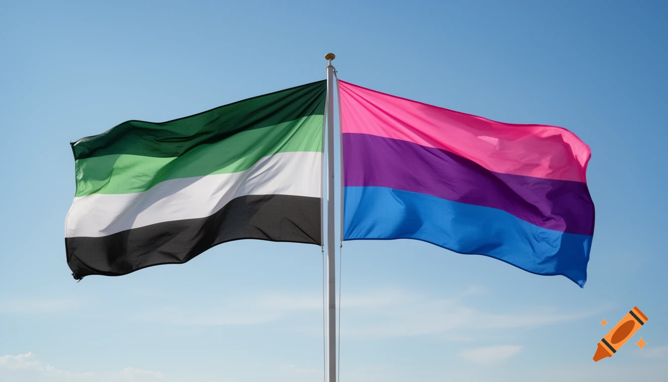 An aromantic pride flag and a bisexual pride flag fly side-by-side from a single flagpole against a clear blue sky.