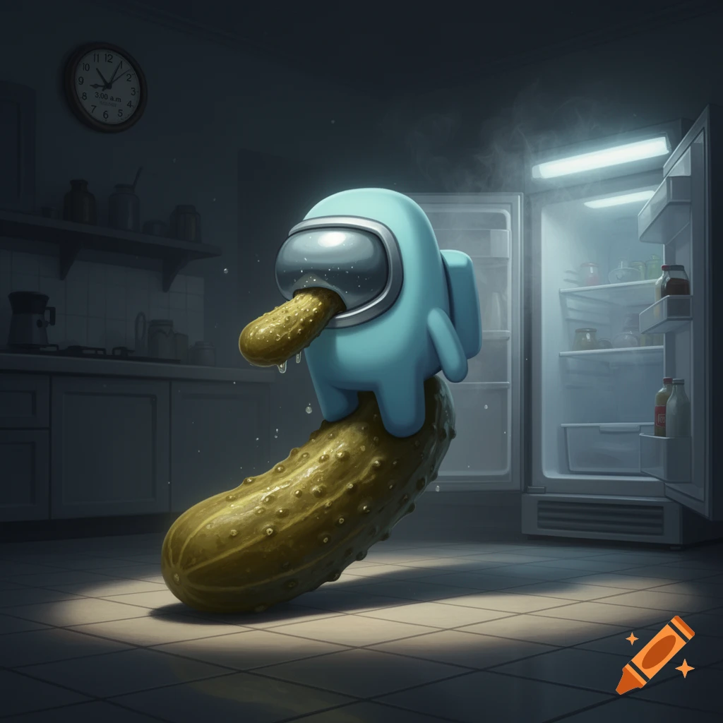 A light blue Among Us character eats a large pickle in a dark kitchen, illuminated by an open fridge, with a clock showing 3 am.