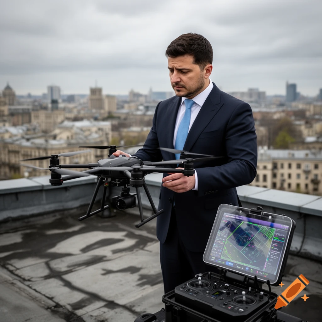 Volodymyr Zelenskyy holds a drone on a city rooftop next to a control panel, with a blurred cityscape behind him.