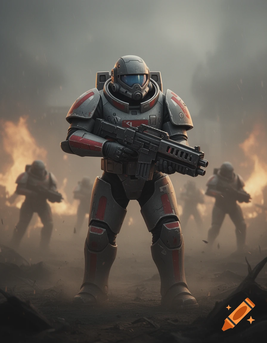 Armored futuristic soldier standing with a rifle in a smoky, war-torn environment with fires and blurred figures in the background.