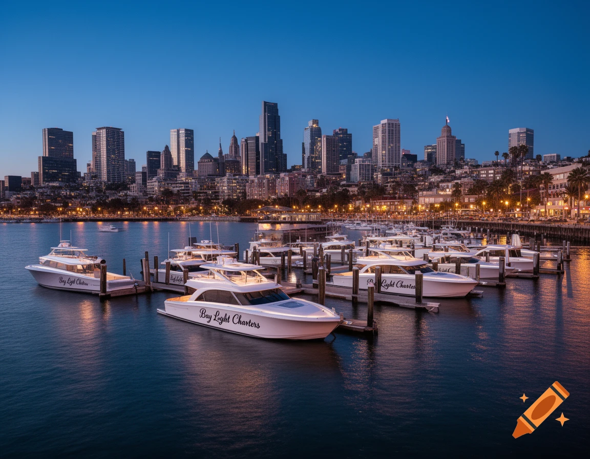 A photorealistic image of a marina with white yachts docked at dusk, in front of a brightly lit cityscape.
