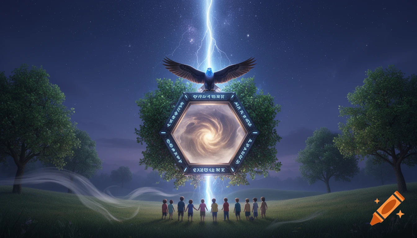 Children stand before a glowing hexagonal portal with myth runes, beneath a majestic eagle and a lightning bolt in a starry night sky.