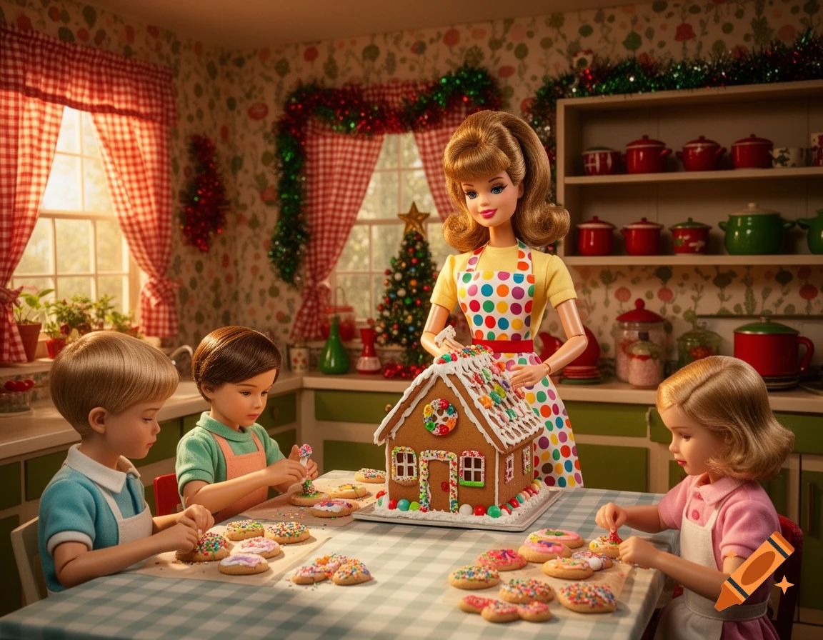 Vintage 1960s Barbie and children decorate a gingerbread house and sugar cookies in a warm, Christmas-decorated kitchen.