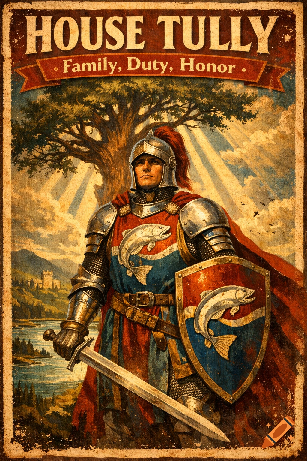 Vintage propaganda poster of a knight in House Tully armor holding a sword and shield with fish sigils, set against a tree and castle backdrop. Text reads 'HOUSE TULLY' and 'Family, Duty, Honor'.