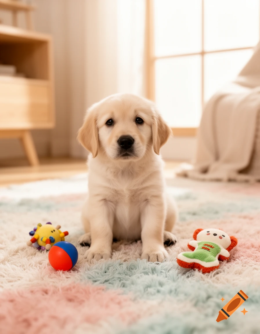 A cute golden retriever puppy sits on a colorful rug surrounded by dog toys, looking at the camera in a bright room.