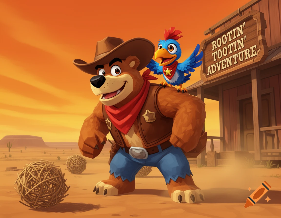 A cartoon cowboy bear with a blue bird on its shoulder stands in a wild west desert town.