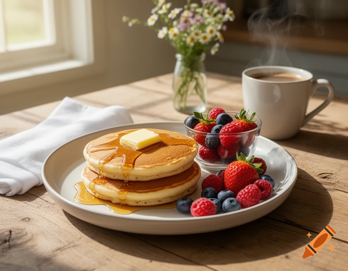 A stack of pancakes with butter and syrup, fresh berries, coffee, and wildflowers on a sunlit wooden table.