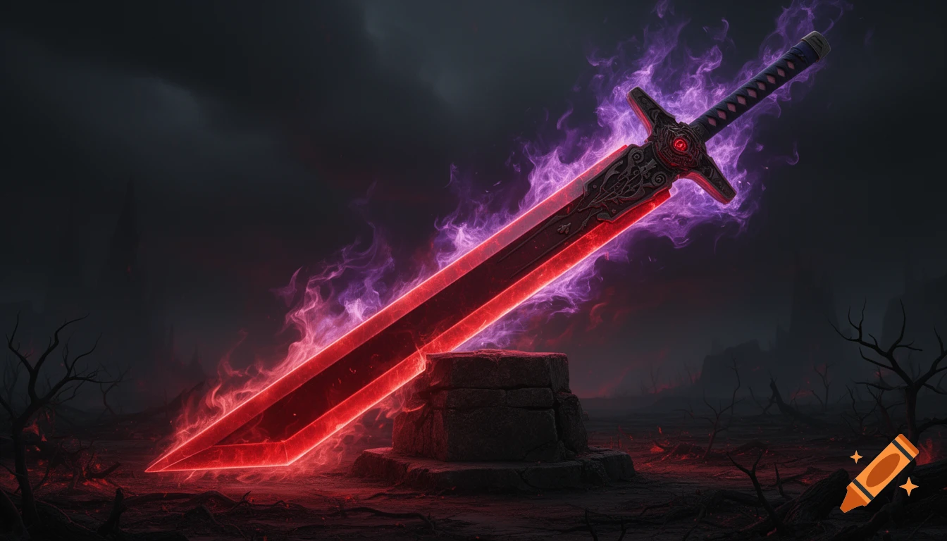 A massive, glowing red katana with a black hilt is engulfed in purple flames, standing in a dark, desolate fantasy landscape.