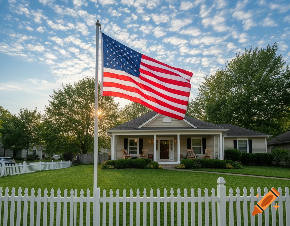 A bright American flag waves from a pole in front of a beige house with a white picket fence on a sunny day.