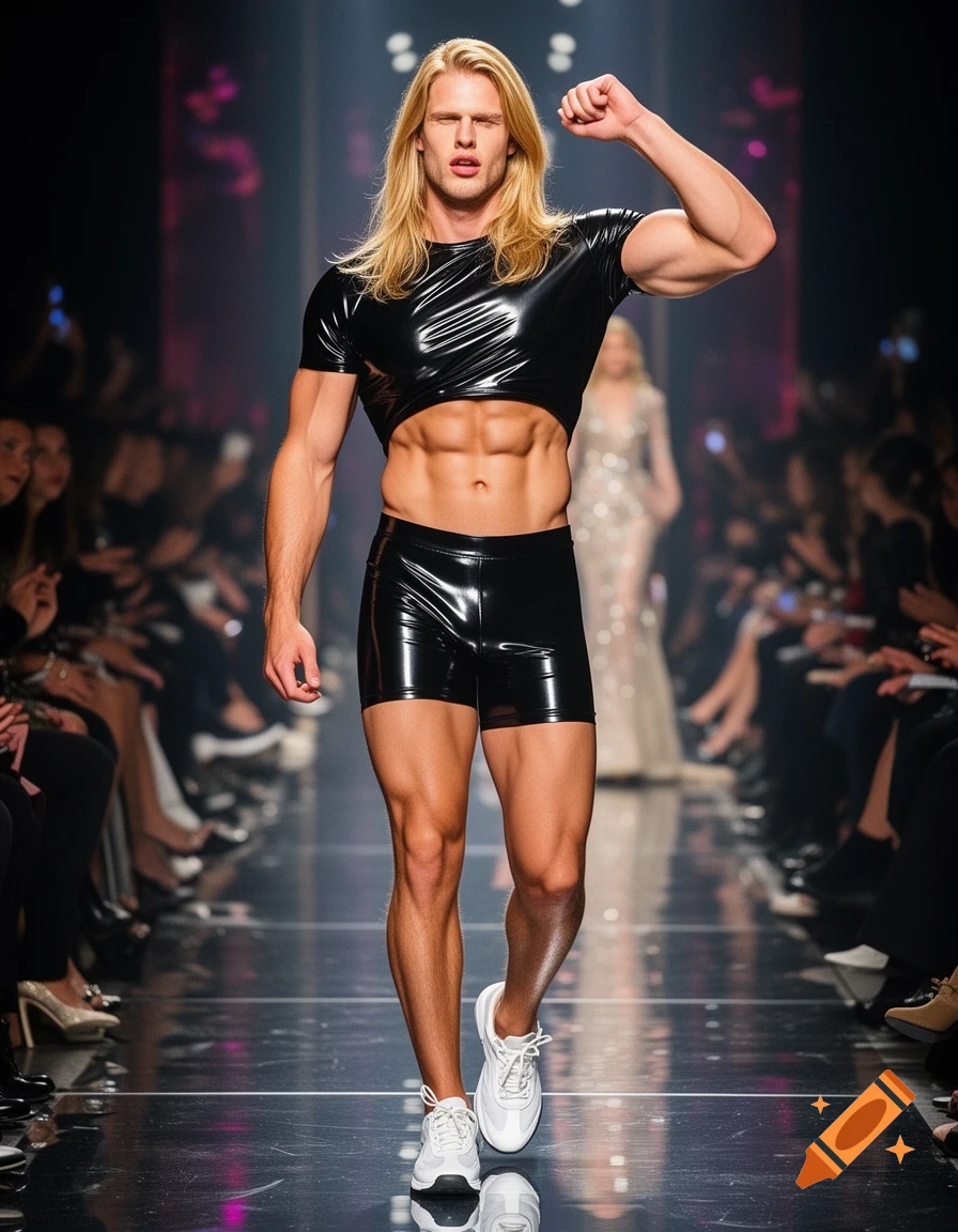 A muscular male model with long blonde hair walks a runway in a shiny black latex crop top, booty shorts, and white sneakers, flexing his bicep.