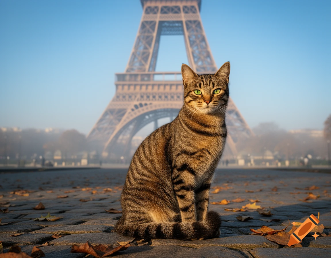 A tabby cat with striking green eyes sits on a cobblestone path with autumn leaves, with the Eiffel Tower in the background under a blue sky.