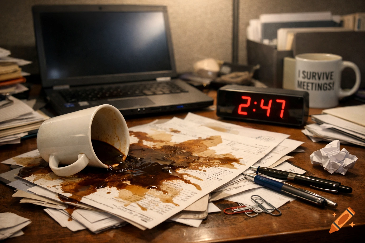 A white mug of coffee is spilled across a messy office desk covered with papers, next to a laptop and a digital clock displaying 2:47.