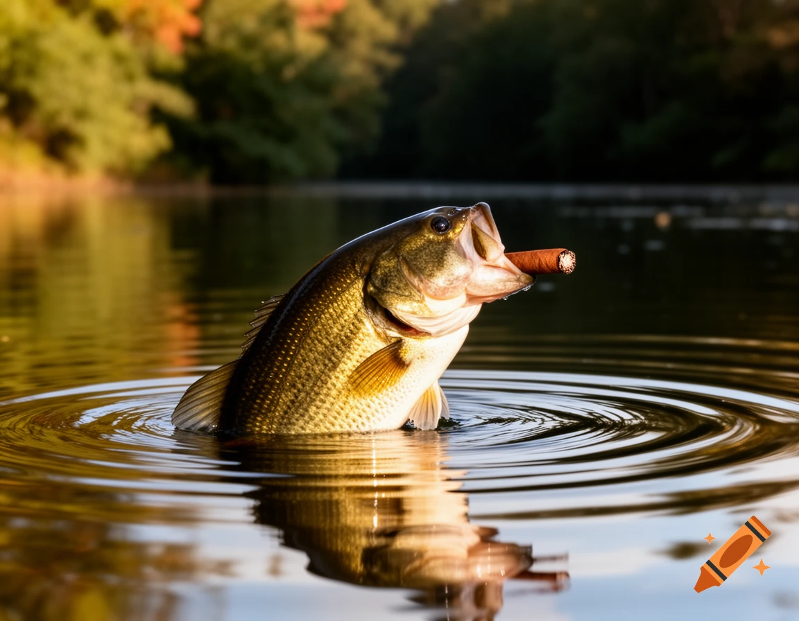 Photorealistic image of a largemouth bass with a cigar in its mouth, emerging from reflective water with a forested background.
