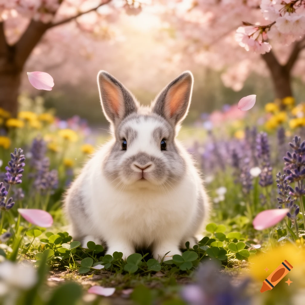 A cute fluffy bunny sitting in a field of colorful wildflowers under ...