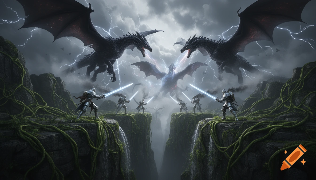 Epic photorealistic fantasy battle with knights fighting dragons in a stormy rocky ravine with waterfalls and lush vines.