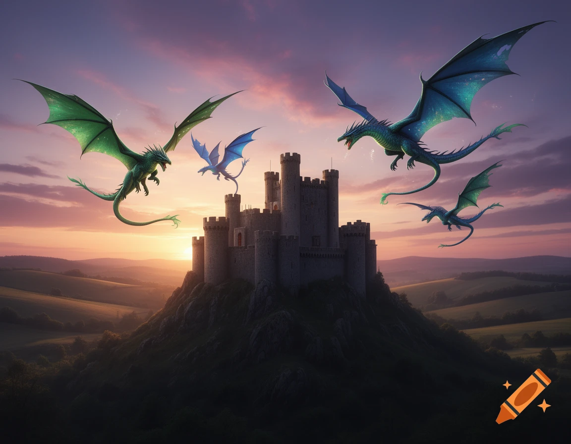 Dragons flying around a majestic castle on a hill at sunset with a vibrant purple and orange sky.