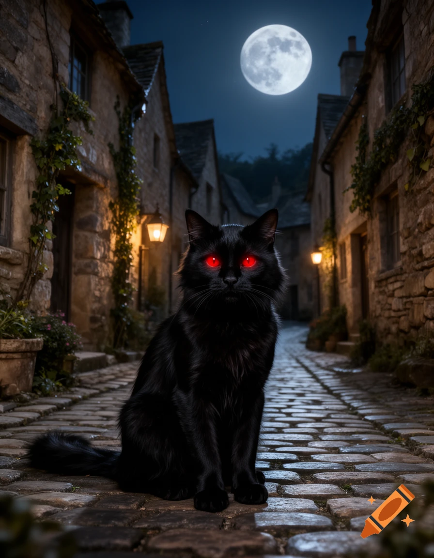 A black cat with glowing red eyes sits on a cobblestone path in a dark, moonlit alleyway with old stone buildings.