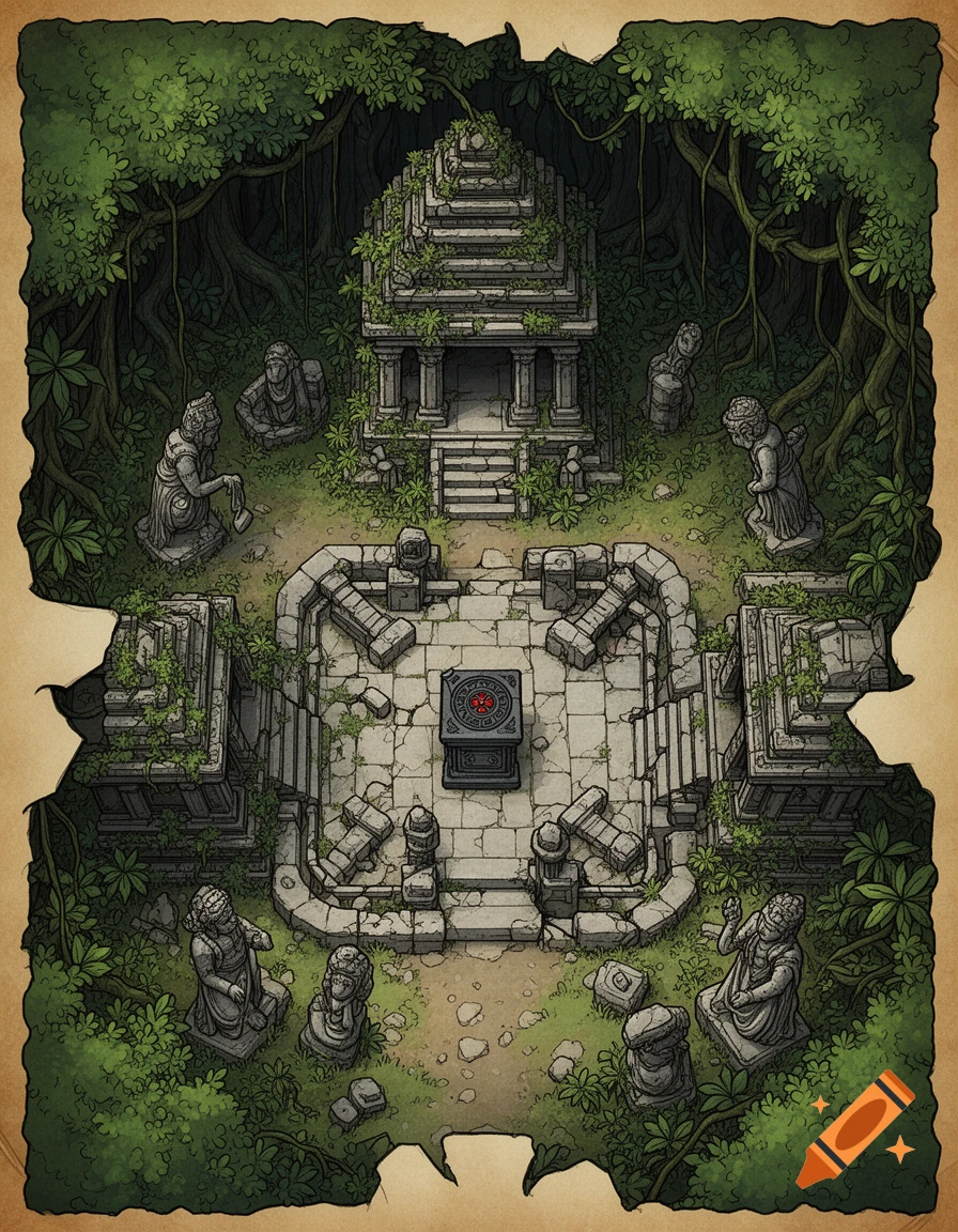 Top-down hand-drawn fantasy map of overgrown ancient jungle ruins with temples, broken statues, and a central altar.
