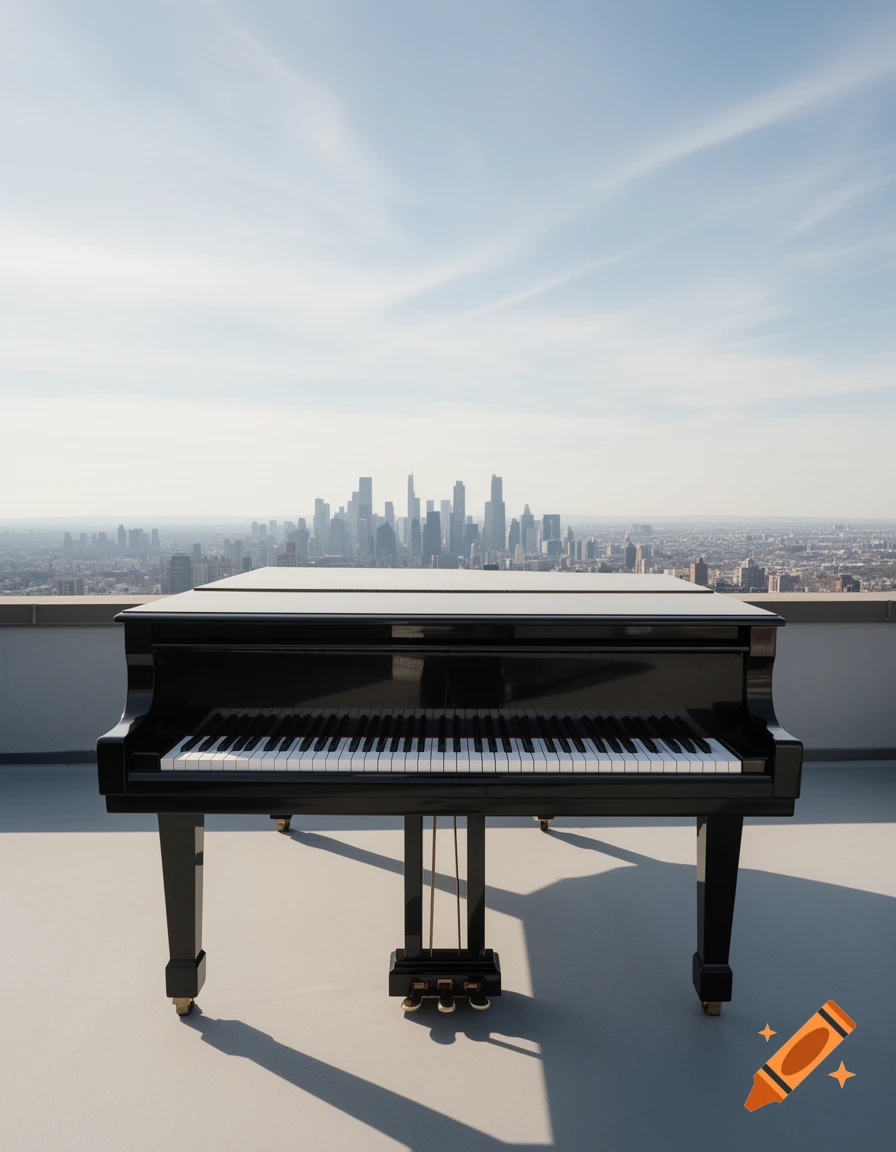A black grand piano sits on a rooftop overlooking a sprawling city skyline under a clear sky, photorealistic style.