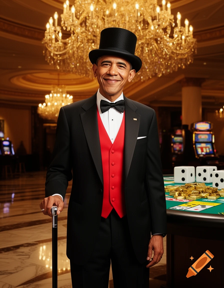Barack Obama in a black tuxedo, red vest, and top hat, holding a cane, smiling in a grand casino setting.