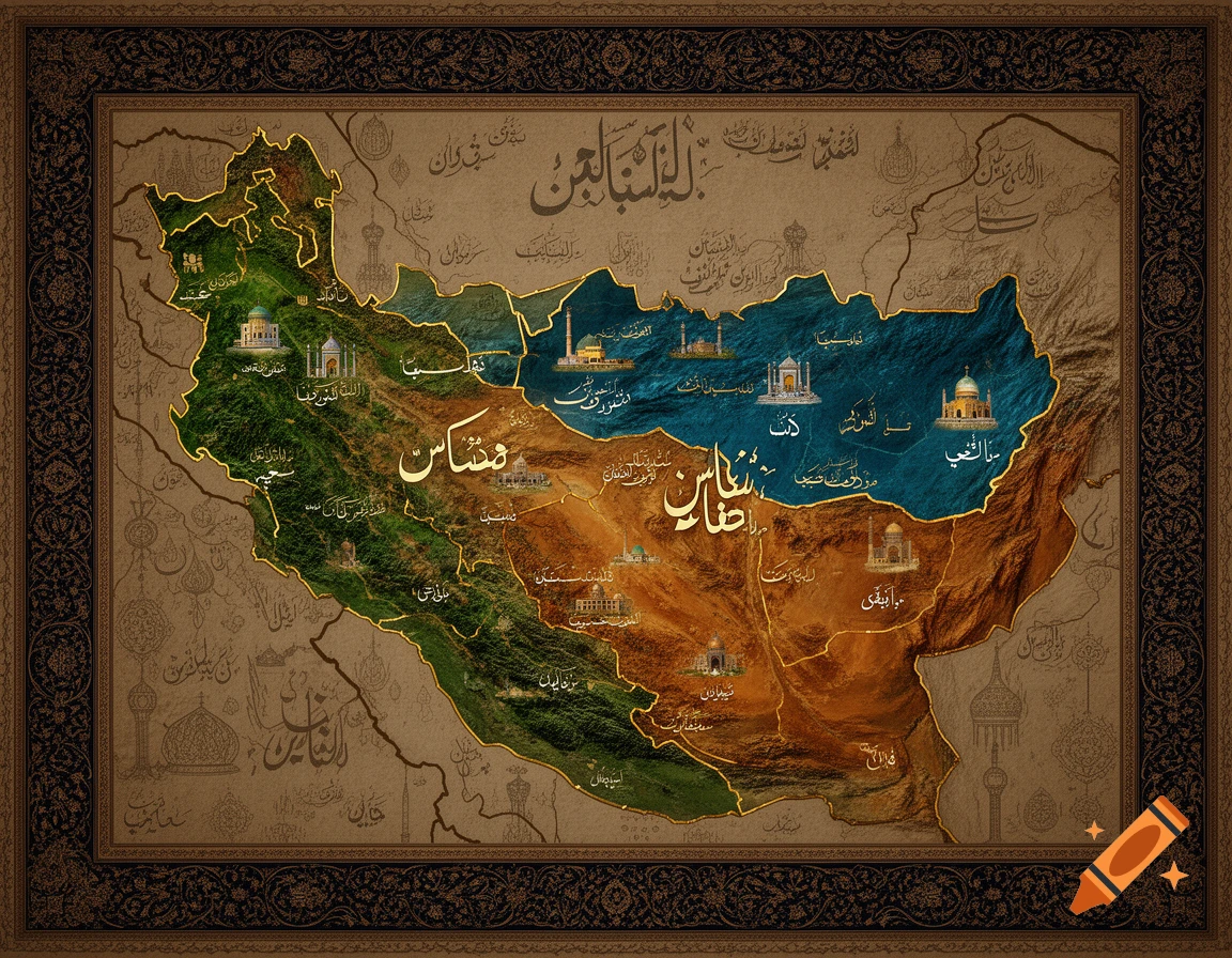 An ornate, textured map of Iran, featuring green mountains, blue waters, and brown deserts, outlined in gold with small architectural landmarks and calligraphic text.