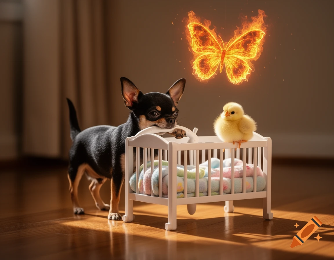 A chihuahua holds a crib with a baby chick, under a glowing fire butterfly on a wooden floor.