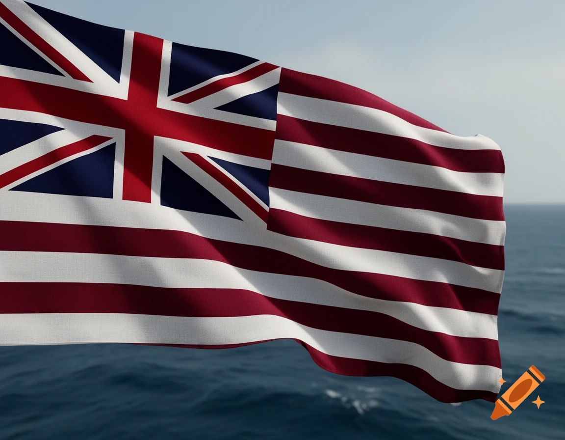 A historical flag featuring the British Union Jack in the canton and red and white stripes, waving over a blue ocean.
