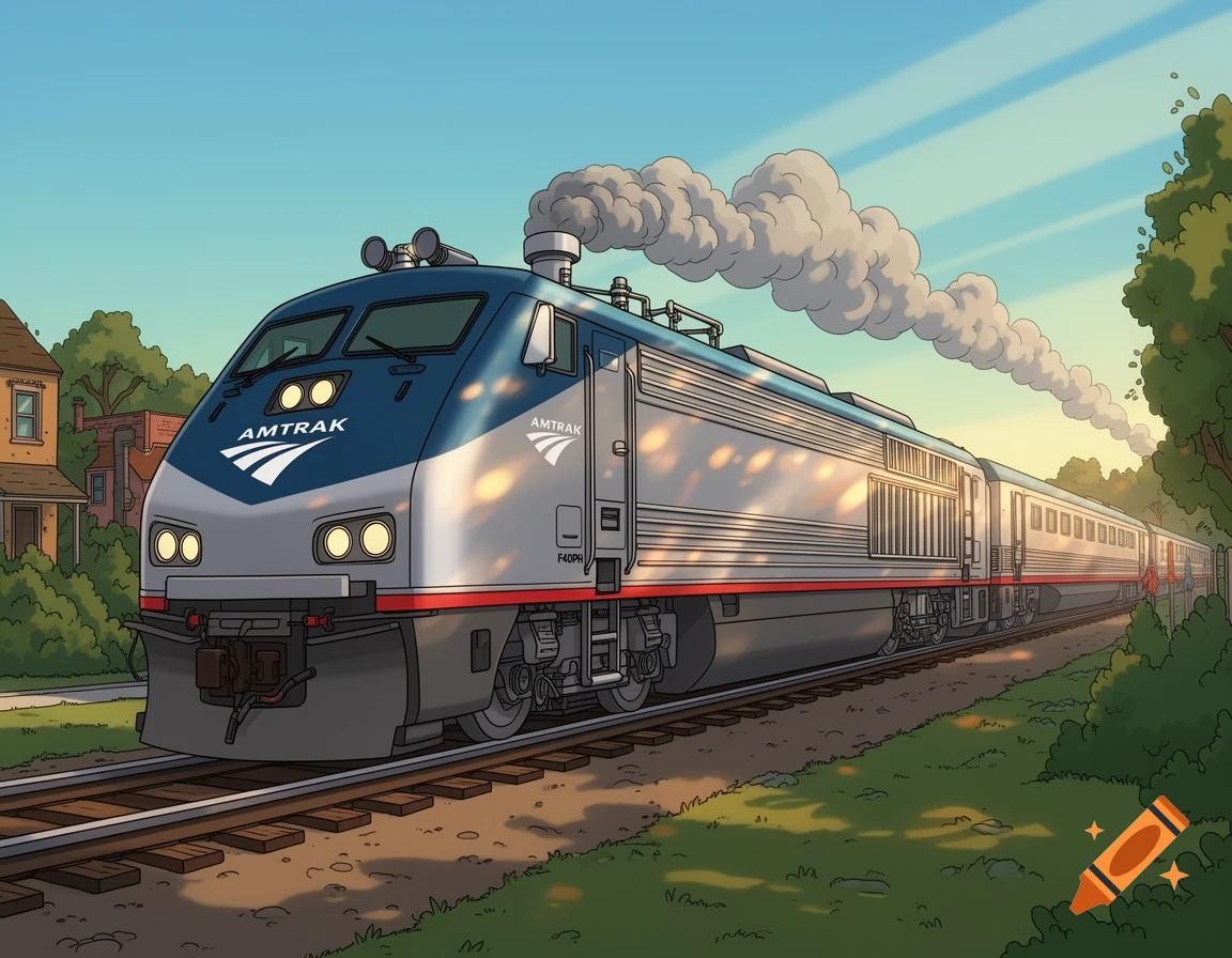 A cartoon Amtrak train, styled like Family Guy, travels on tracks through a sunny neighborhood.