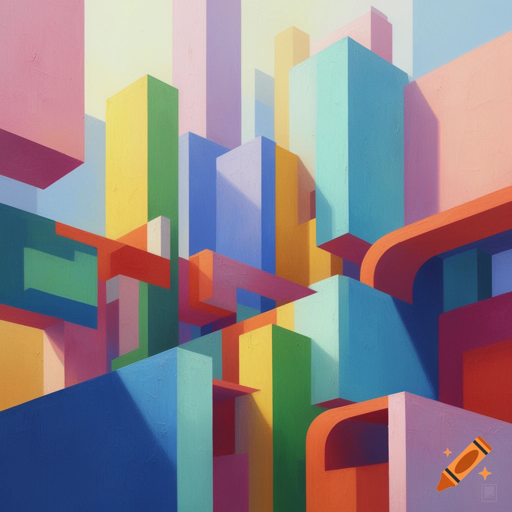 Abstract geometric artwork with colorful interlocking blocks and beams creating a vibrant, city-like structure.
