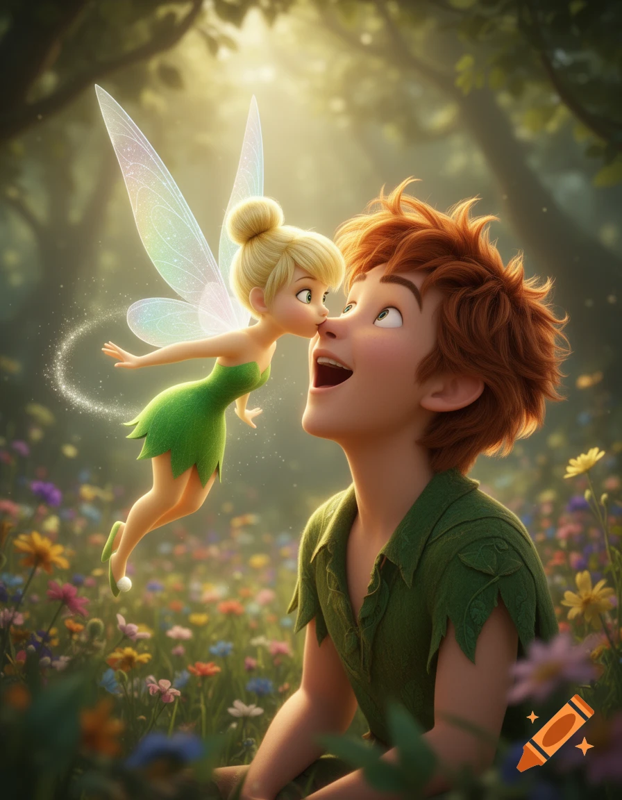 Tinkerbell, a small fairy with glowing wings, kisses a surprised Peter Pan on the nose in a vibrant, sunlit field of wildflowers.