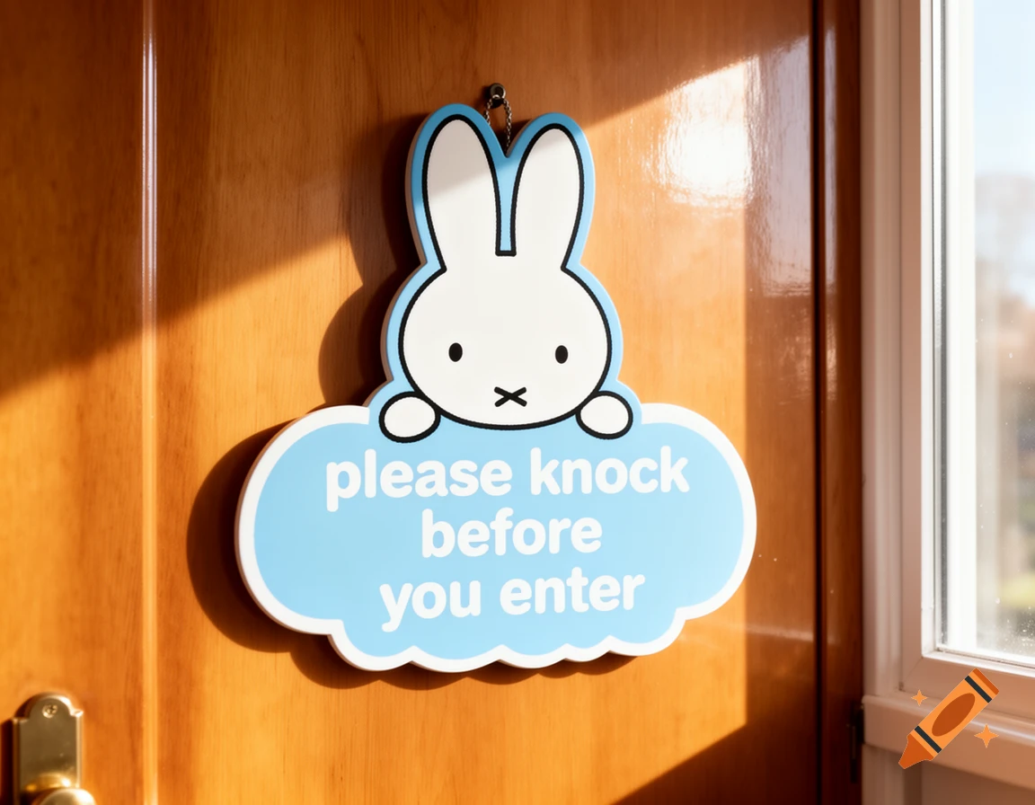A Miffy-shaped sign with the text 'please knock before you enter' hangs on a wooden door, with sunlight streaming in from a nearby window.