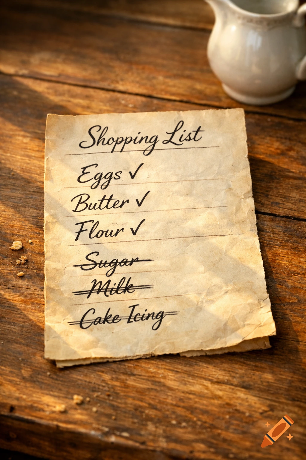 An old, crinkled shopping list on a rustic wooden table, with eggs, butter, and flour checked off, and sugar, milk, and cake icing crossed out. A small white pitcher is blurred in the background, in a photorealistic style.