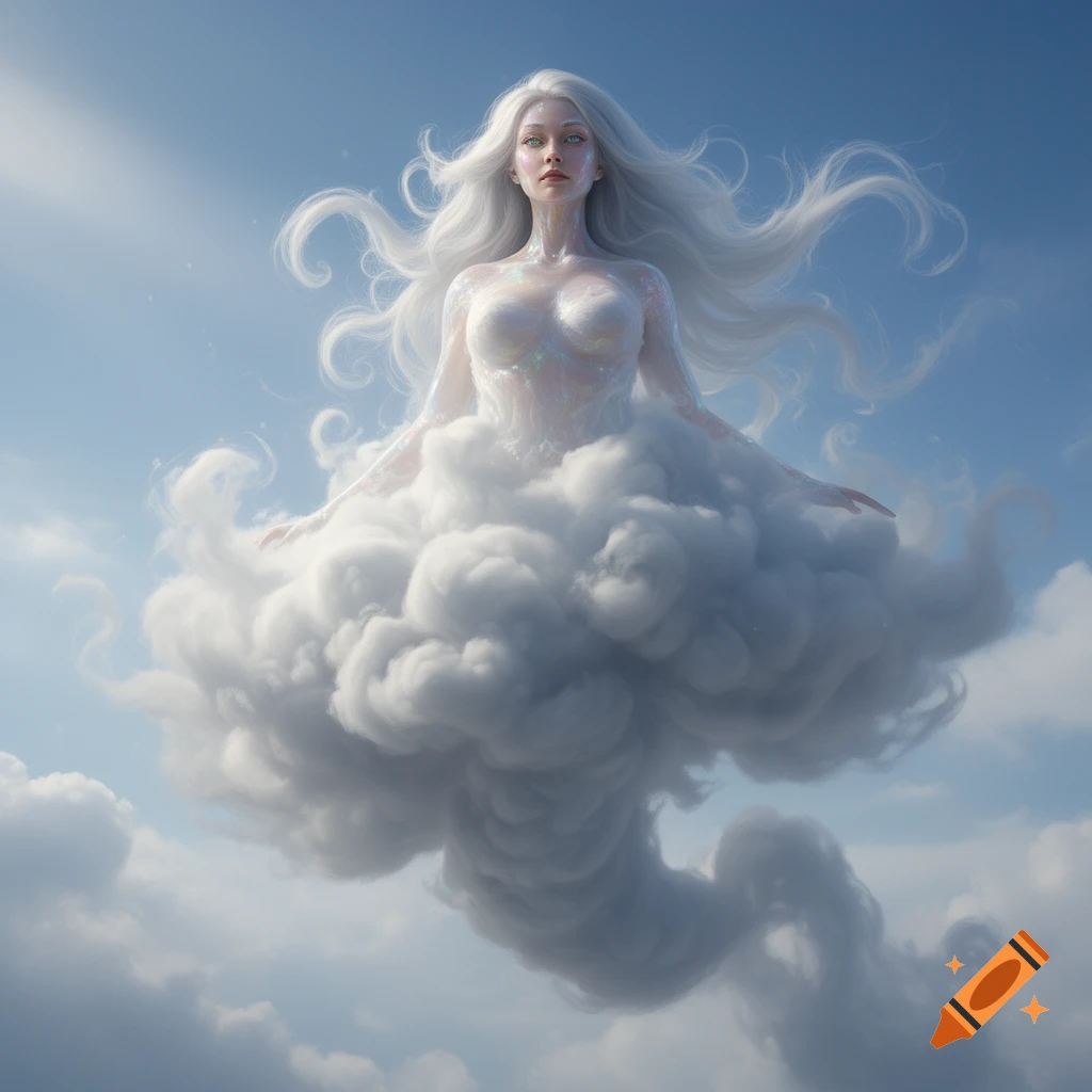 Ethereal white-haired cloud genie with a shimmering upper body emerging from a large white cloud against a clear blue sky.