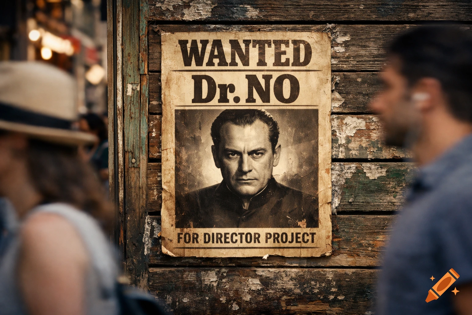 A vintage 'WANTED Dr. NO' poster showing a serious man, affixed to a weathered wooden wall, with blurred passersby.