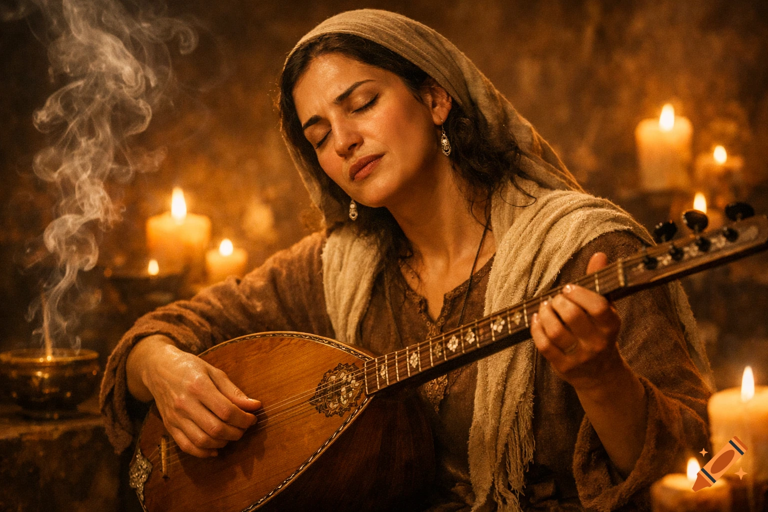 Photorealistic portrait of an Anatolian woman playing a stringed instrument with eyes closed, surrounded by glowing candles and incense smoke.