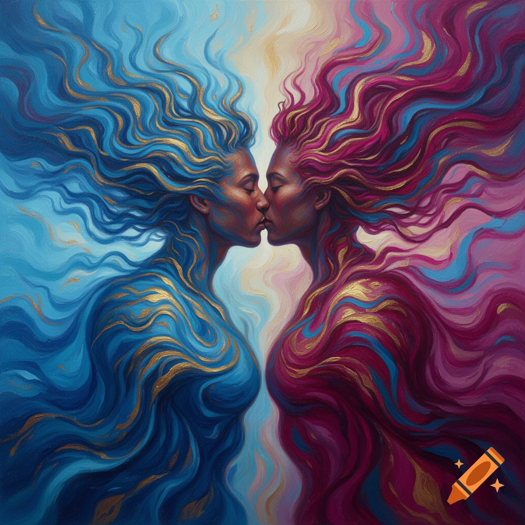 Abstract fluid painting of two figures with flowing blue and magenta forms, adorned with gold, kissing.
